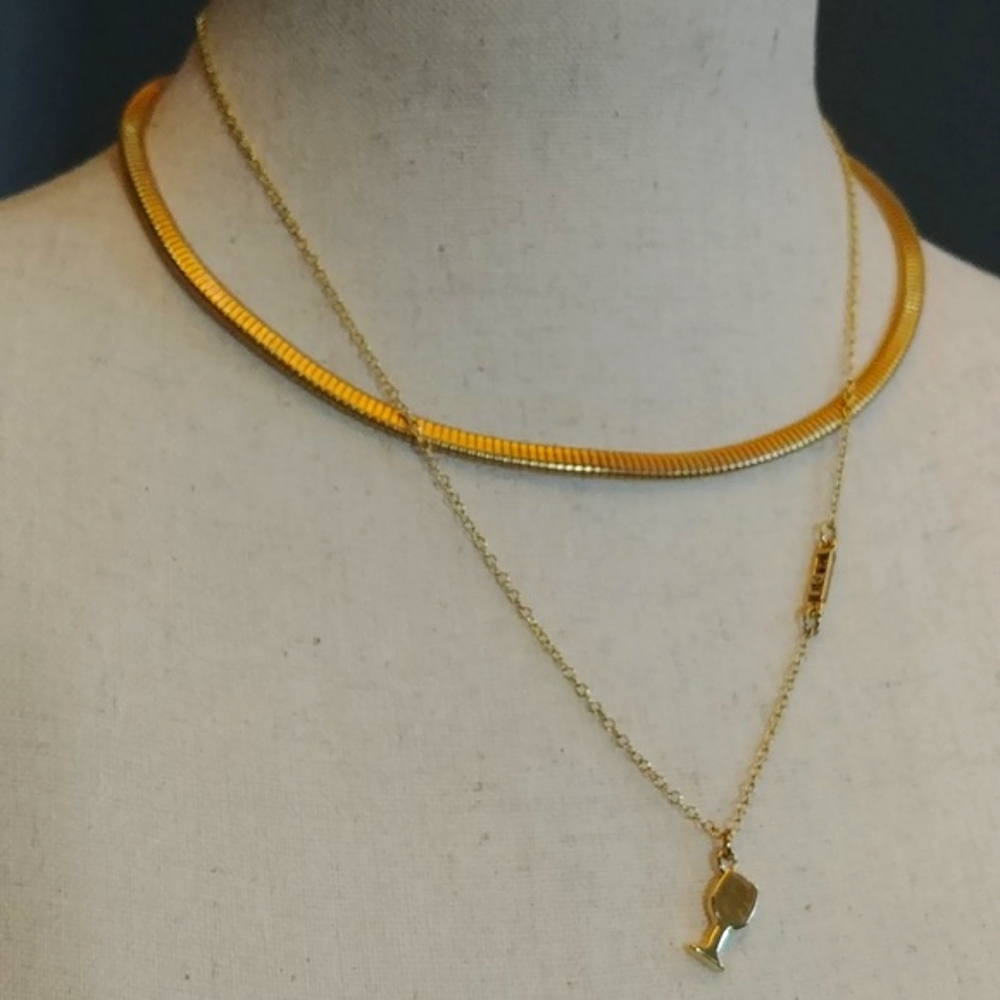 2 Gold Toned Costume Jewelry Necklaces Wine Glass